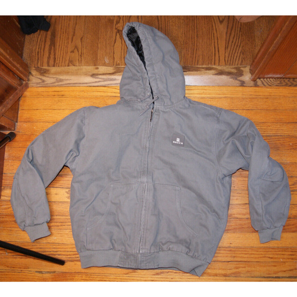 BECKS Helping Farmers Duck Canvas Work Jacket Coat Hood Gray Mens L Quilt Lined